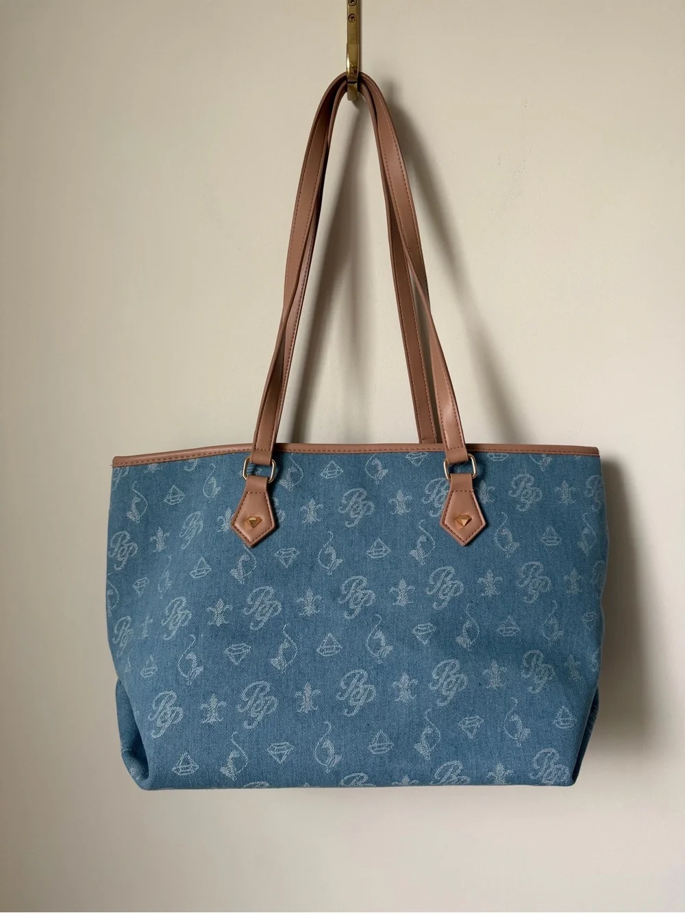 Baby Phat Blue Denim monogram Tote bag with Brown leather Trim and pouch.